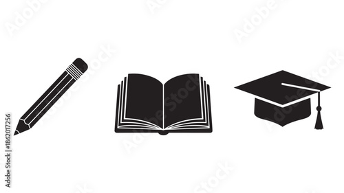 Graduation symbols in minimalist style with black color on white background for education icon set
