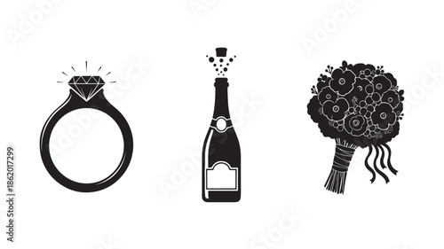 Wedding Essentials in Simple Line Art with Monochromatic Color Scheme on White Background for Invitation Design