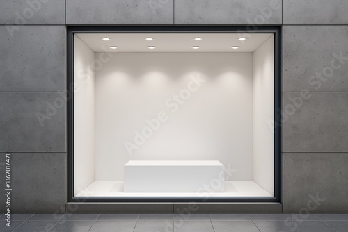 Minimalist exterior storefront display with modern lighting and clean geometric design for product showcase concept on urban concrete background. Ai generative