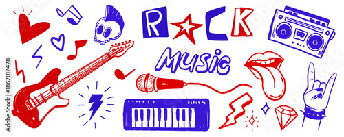 Fotografie PNG illustration of a set of colorful music notes rock line art musical instrument Sketch isolated vintage hand drawn on transparent background