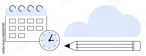 Time management, organization, productivity tools, cloud storage, scheduling, planning. A calendar, clock pencil and cloud visual. Time management and organization concept