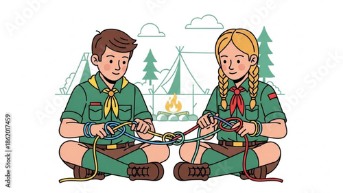 Boy and Girl Scouts Camping Together, Making Fire with Camping Equipment, Isolated on White Background
