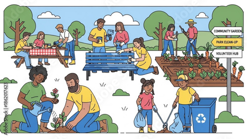 Diverse Community Volunteers Cleaning Park Together