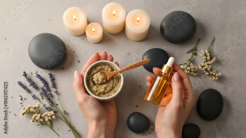 Hands holding natural spa scrub and oils surrounded by candles and stones. Warm light, luxury home wellness flat lay.