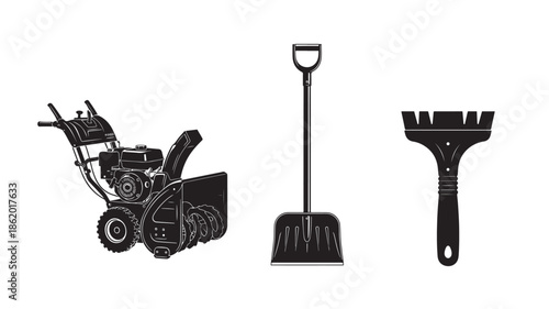 Snow Removal Tools Set in Simple Silhouette Style with Black Color on White Background for Gardening and Winter Maintenance