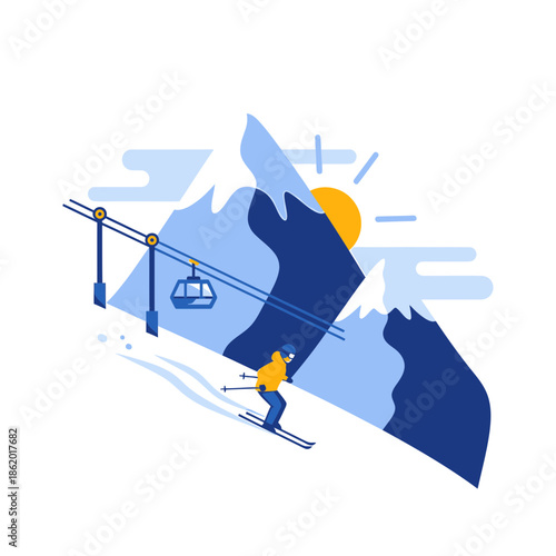 A skier descends a snowy mountain slope with a cable car in the background under a sunny sky