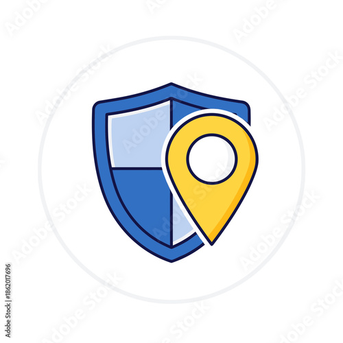 A shield with a map pin icon representing security and location