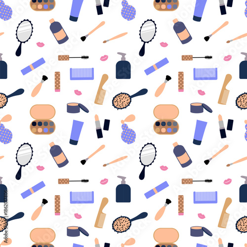 Seamless vector pattern with cosmetics, makeup tools, and beauty accessories in a flat cartoon style on a white background.