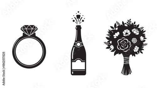 Wedding Symbols in Monochrome Illustration with Simple Elegance and Black Ink on White Background for Invitation Design