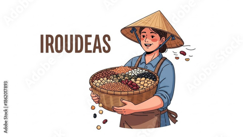 Farmer Holding Basket of Coffee Beans with Conical Hat, Isolated on White Background
