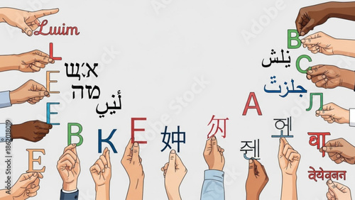 Diverse Hands Pointing to Letters in Different Languages