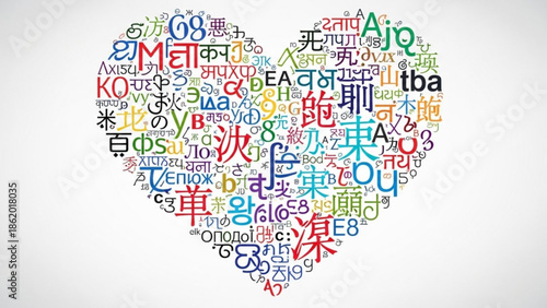 Multilingual Heart Shape Word Cloud on White Background