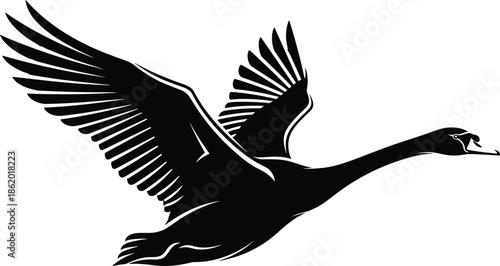 Black flying swan silhouette with extended wings, elegant bird illustration in motion, wildlife animal graphic design for nature themes
