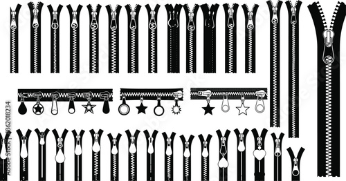 Black and white zipper collection set with assorted pulls and sliders, fashion accessory elements, garment closure vector illustration design