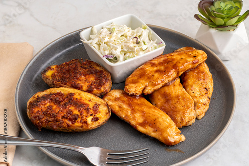 barbecue cchicken tenders  with potato skins