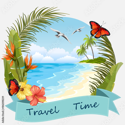 A colorful banner depicting a summer beach holiday by the sea.Beach by the sea and tropical plants in color vector illustration.