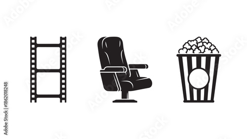 Cinema icons in simple flat design with black color on white background for entertainment