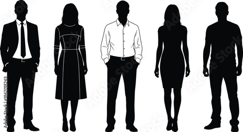 Business and casual human silhouettes of men and women standing, professional people outline vector illustration on white background