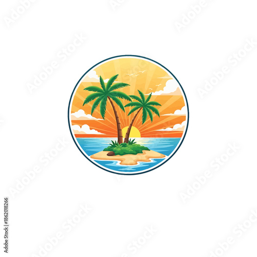 Tropical island getaway with palm trees and serene ocean view at sunset