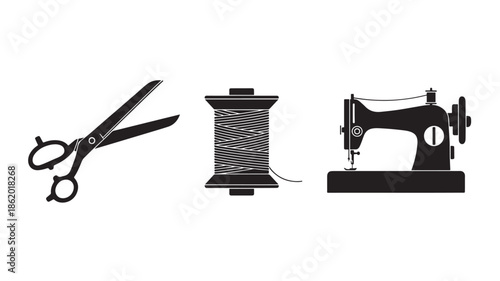 Sewing Essentials Set in Minimalist Black Silhouette on White Background for Crafting and Tailoring