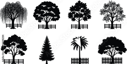 Black tree silhouette collection with different species and wooden fences, nature landscape elements vector illustration for design and decor
