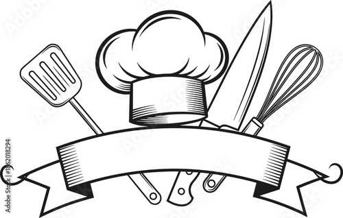 Chef hat with kitchen utensils spatula knife and whisk over blank ribbon banner, black vector illustration for cooking logo design