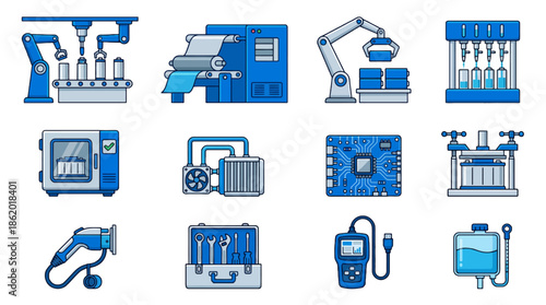 Industrial technology and manufacturing process icons in blue