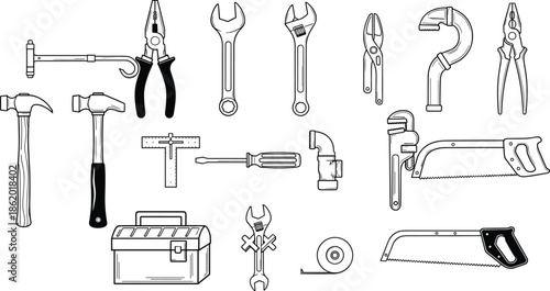 Collection of hand tools and construction equipment silhouettes including hammers wrenches pliers saws screwdriver and toolbox in black vector design