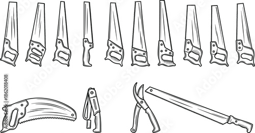 Collection of hand saw tool silhouettes including carpentry saw pruning saw folding saw and trimming saw for woodworking vector