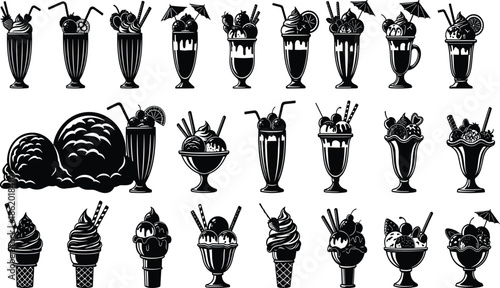 Collection of ice cream sundae and milkshake dessert silhouettes in cups and cones, black vector illustrations for cafe and sweet food design