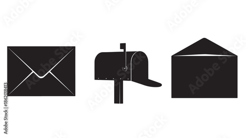 Envelope, Mailbox, and Letter Silhouettes in Simple Flat Design with Black Color on White Background for Communication Icons