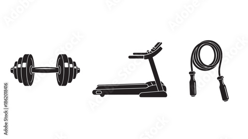 Fitness Equipment Set in Modern Monochromatic Silhouette with High Contrast Lighting on White Background for Health and Wellness