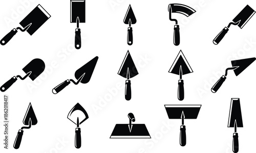Collection of masonry and plastering trowel tool silhouettes including brick trowel pointing trowel and finishing spatula vector set