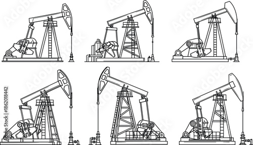 Collection of oil pump jack and petroleum drilling rig silhouettes in black vector illustrations for industry, energy production and mining design