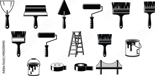 Collection of painting tools and equipment silhouettes including paint brushes rollers ladder scraper tape and paint bucket in black vector design