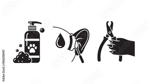 Pet grooming icons in simple black illustration on white background for veterinary clinic