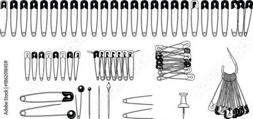 Collection of safety pins and sewing needles assortment in black and white vector illustrations for tailoring, craft, and clothing repair design