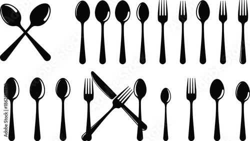 Collection of spoon and fork silhouettes with crossed cutlery and tableware icons in black vector illustrations for kitchen and dining design