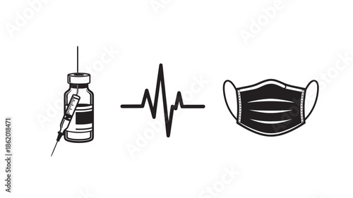 Vaccine and face mask with heartbeat line in simple line art style on white background for healthcare