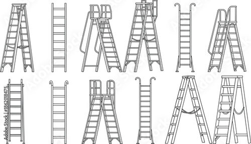 Collection of step ladders and extension ladder silhouettes with safety platform and handrails for construction maintenance and home work vector