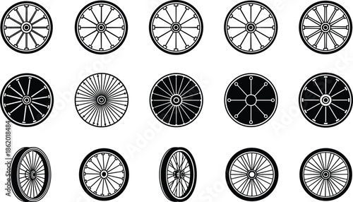 Collection of vintage wagon wheel and bicycle wheel spokes icons in round retro wheel silhouette and outline vector illustration set