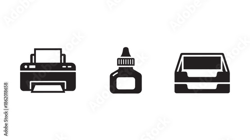 Printer Ink Cartridge and Car Silhouette in Simple Monochrome Design for Automotive or Office Use