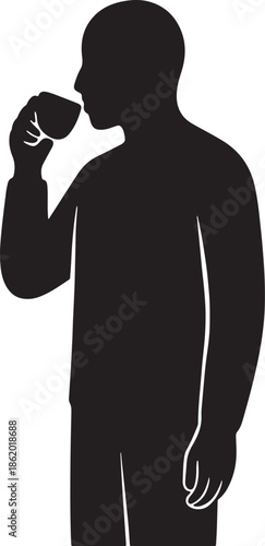 Vector illustration of a standing businessman in a black suit drinking water as a silhouette shadow of a person