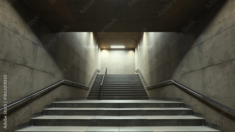 Fototapeta premium Photorealistic empty stairwell with concrete walls, symmetrical composition and soft overhead lighting, modern architectural interior with minimalist atmosphere.