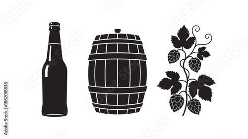 Beer Bottle, Barrel, and Hops Silhouette in Simple Monochrome Style with Black Color on White Background for Craft Brewery Logo