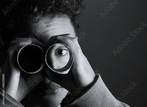 
child looking through binoculars on black background with people stock image stock photo
