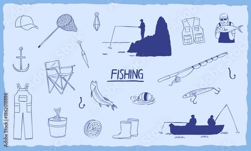 Fishing equipment doodle hand drawn sketch collection set - vector line art illustration