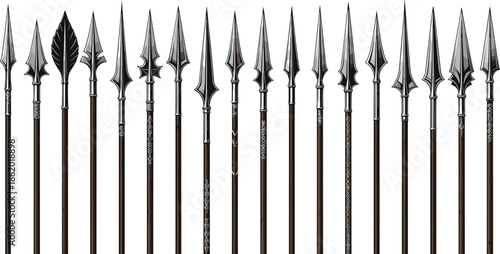 Set of medieval spears with decorative metal spearheads, ancient weapon collection illustration with detailed blades and wooden shafts on white background