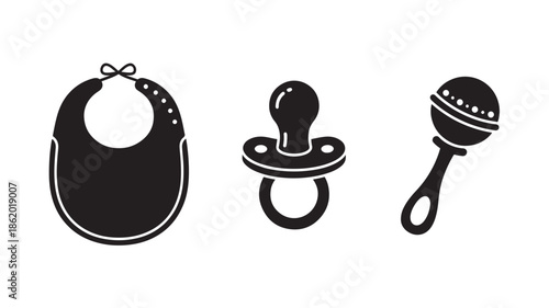 Baby accessories set in minimalist black silhouette with white details on white background for nursery decor