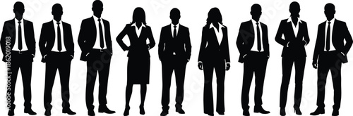 Silhouette group of business men and women in formal corporate suits standing confident team leadership concept on white background